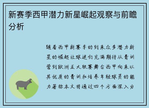 新赛季西甲潜力新星崛起观察与前瞻分析