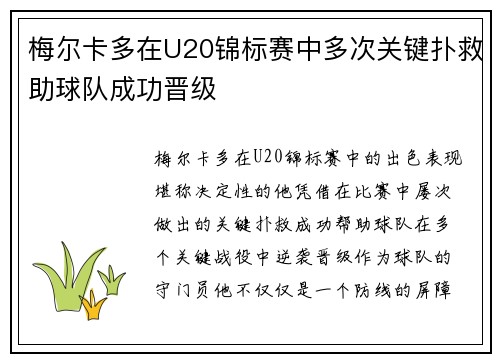 梅尔卡多在U20锦标赛中多次关键扑救助球队成功晋级