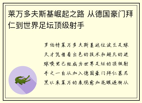 莱万多夫斯基崛起之路 从德国豪门拜仁到世界足坛顶级射手