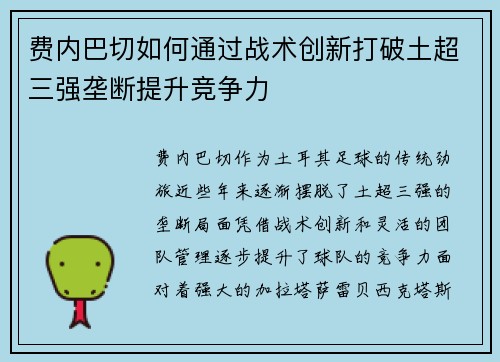 费内巴切如何通过战术创新打破土超三强垄断提升竞争力